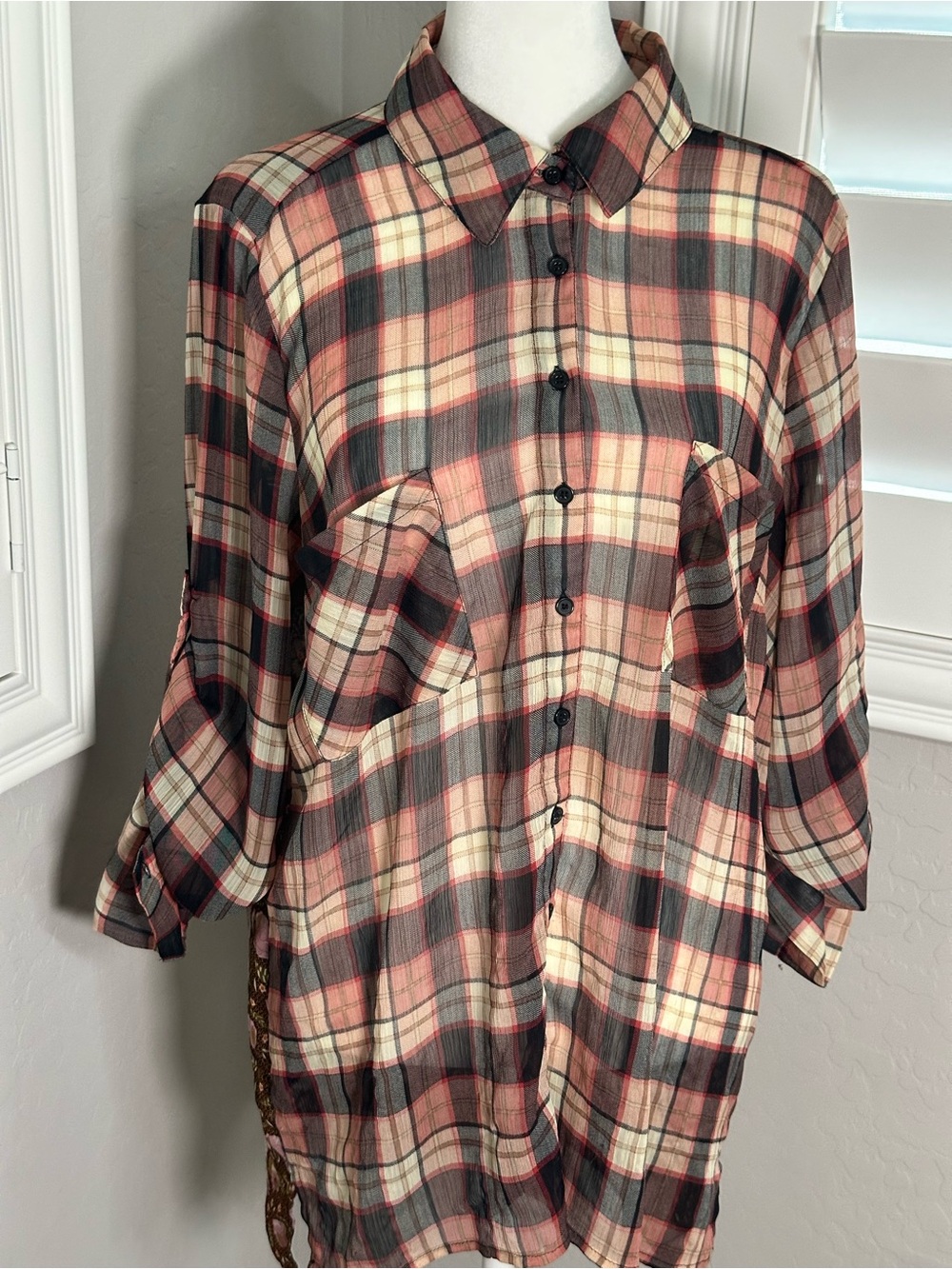 Band of Gypsies Peach & Black Plaid Button-Down Shirt